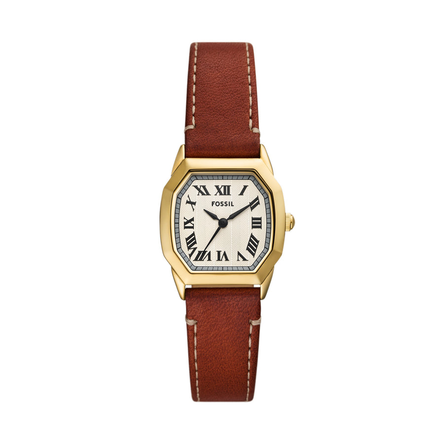 BROWN LEATHER GOLD CASE CREAM DIAL ROMAN NUMERAL 27MM HARLOW FOSSIL 
