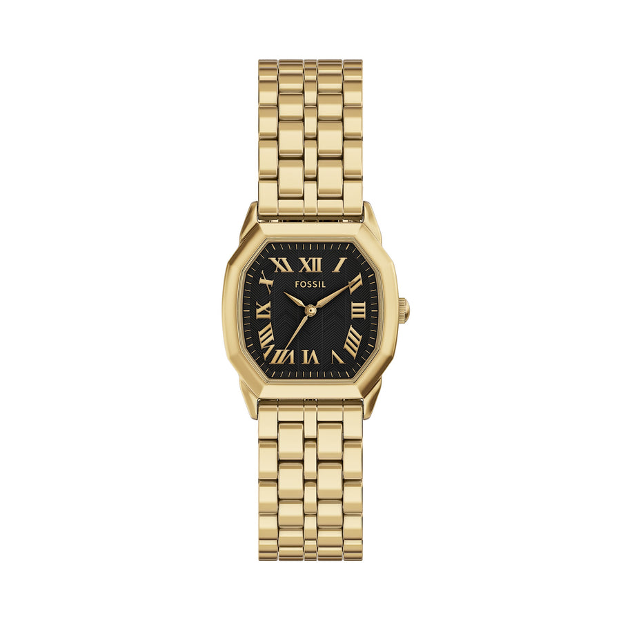 GOLD BAND GOLD CASE BLACK DIAL ROMAN NUMERAL 27MM HARLOW FOSSIL 